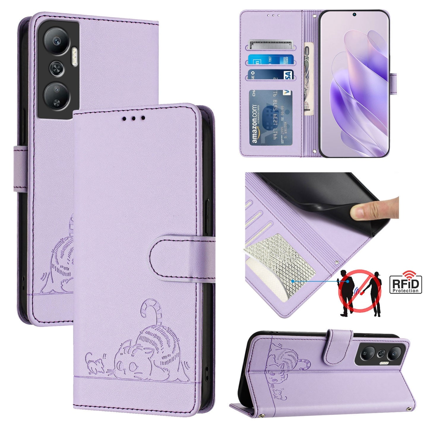 Infinix Hot 20 X6826 Cat & Rat Embossed RFID Leather Case, Lanyard, Wallet, Card Slots, Kickstand, Anti-Fall, Scratch-Resistant