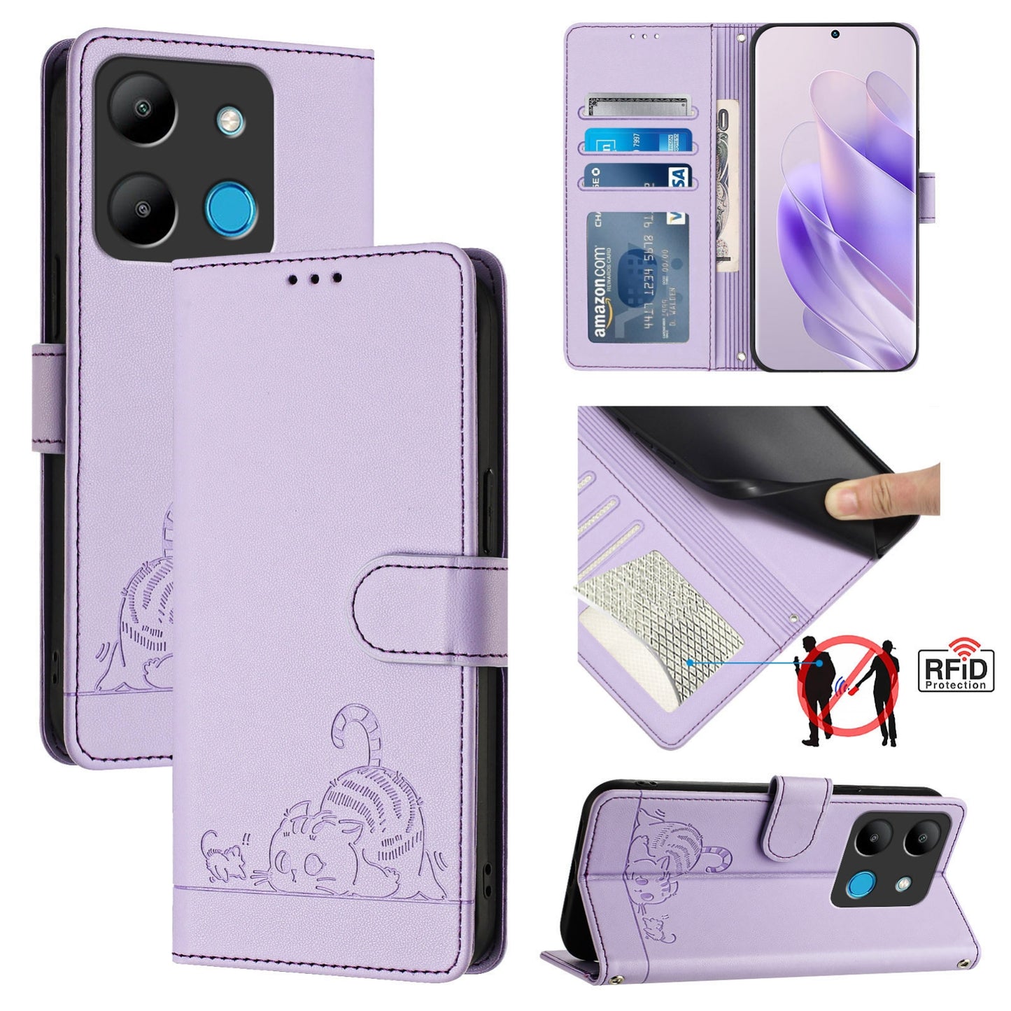 Infinix Smart 7 India Cat & Rat Embossed RFID Leather Case, Lanyard, Wallet, Card Slots, Kickstand, Anti-Fall, Scratch-Resistant