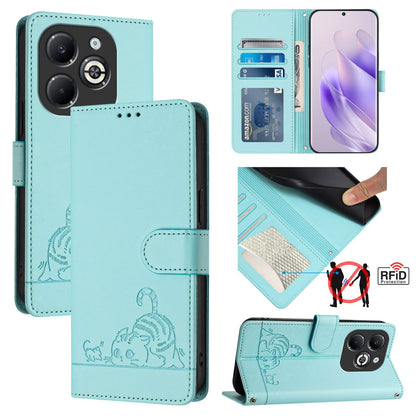 Infinix Smart 8 Plus Cat & Rat Embossed RFID Leather Case, Lanyard, Wallet, Card Slots, Kickstand, Anti-Fall, Scratch-Resistant