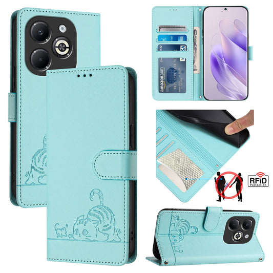 Infinix Smart 8 Plus Cat & Rat Embossed RFID Leather Case, Lanyard, Wallet, Card Slots, Kickstand, Anti-Fall, Scratch-Resistant