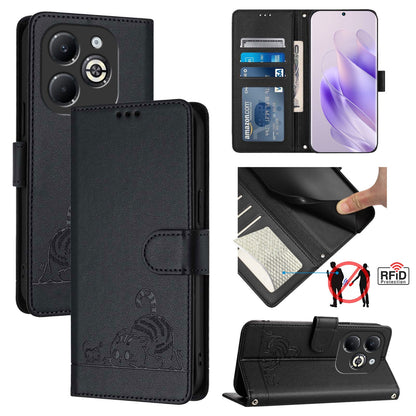 Infinix Smart 8 Pro Cat & Rat Embossed RFID Leather Case, Lanyard, Wallet, Card Slots, Kickstand, Anti-Fall, Scratch-Resistant