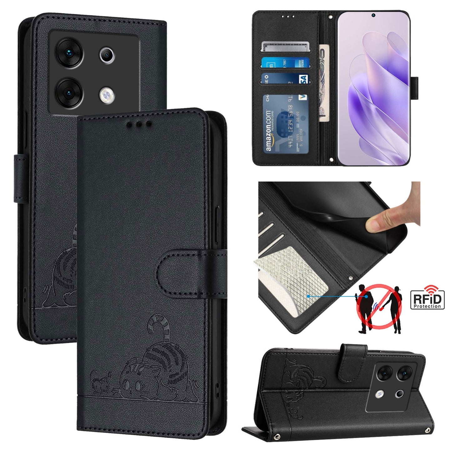 Infinix Zero 30 5G Cat & Rat Embossed RFID Leather Case, Lanyard, Wallet, Card Slots, Kickstand, Anti-Fall, Scratch-Resistant