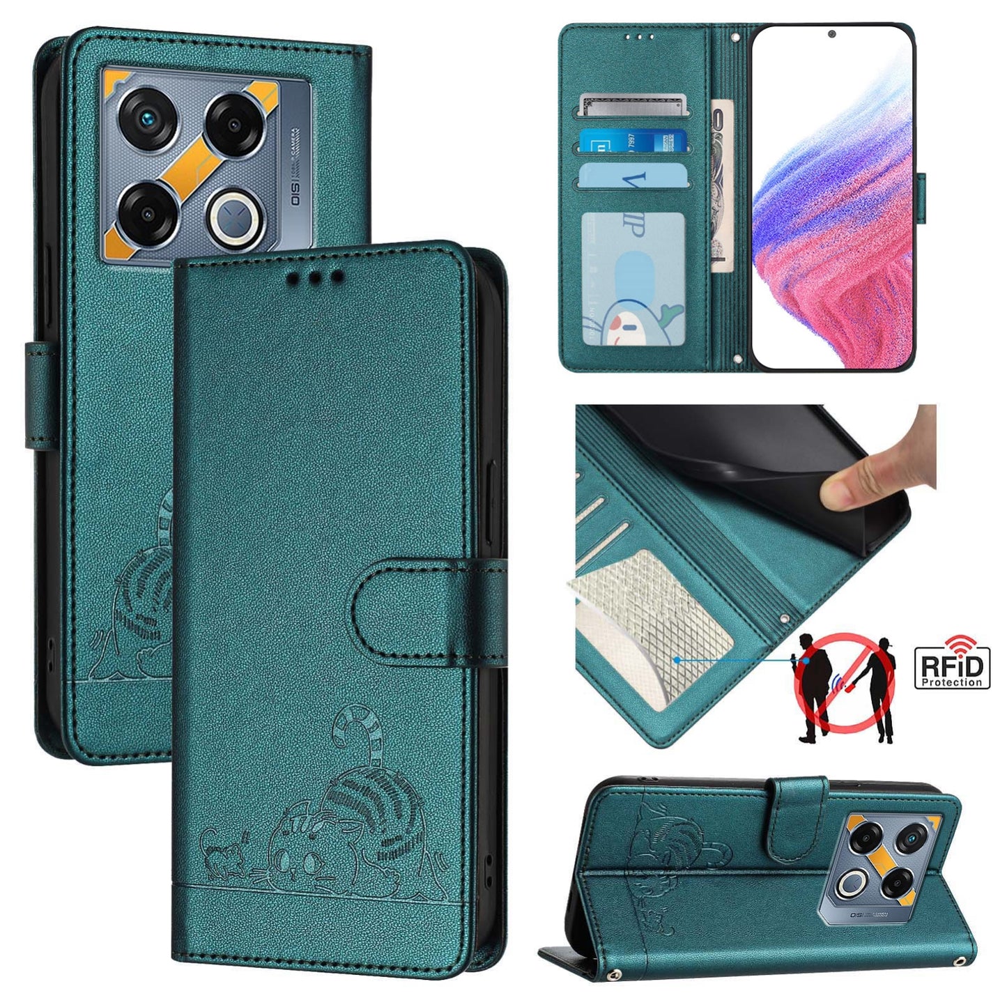 Infinix GT 20 Pro X6871 Cat & Rat Embossed RFID Leather Case, Lanyard, Wallet, Card Slots, Kickstand, Anti-Fall, Scratch-Resistant