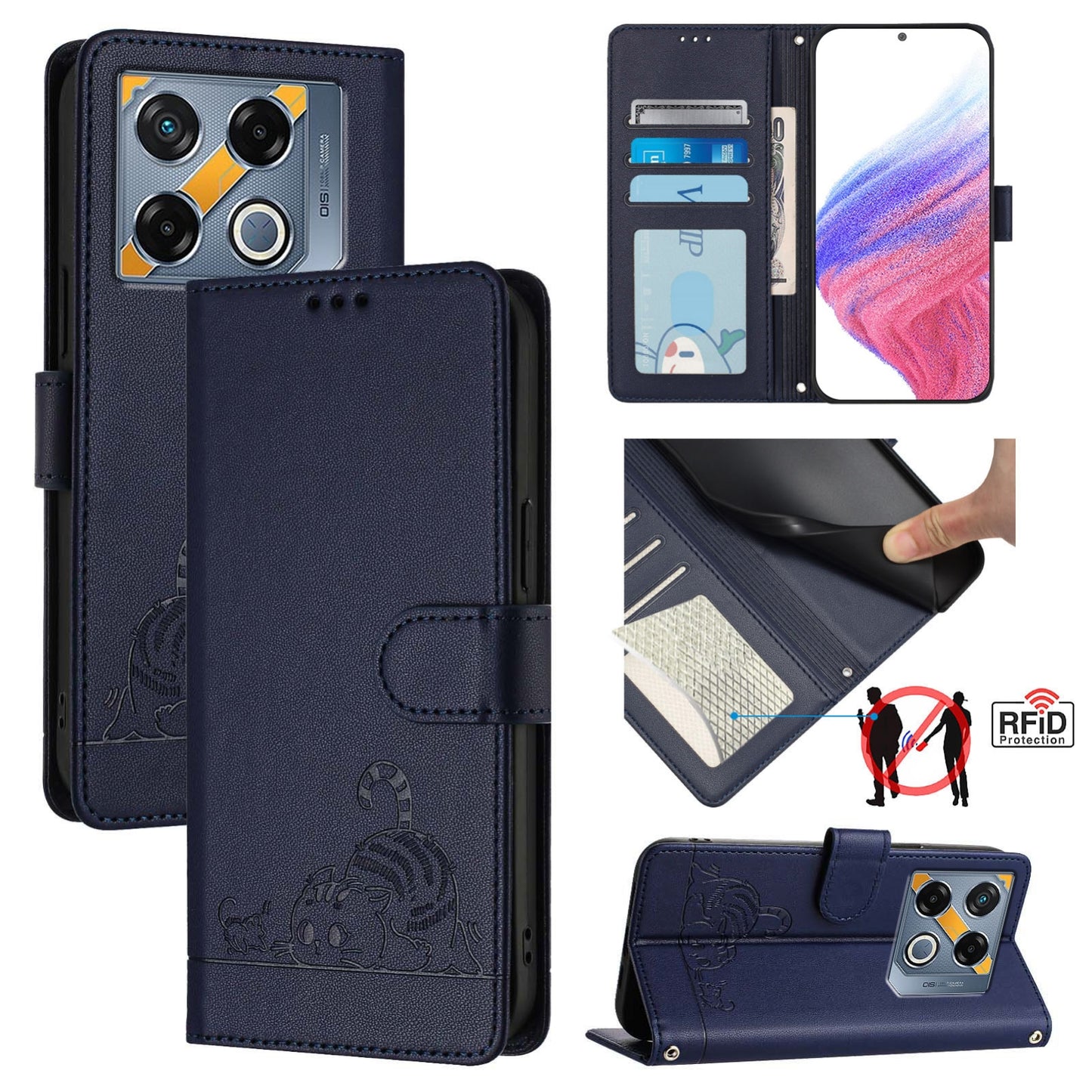 Infinix GT 20 Pro X6871 Cat & Rat Embossed RFID Leather Case, Lanyard, Wallet, Card Slots, Kickstand, Anti-Fall, Scratch-Resistant