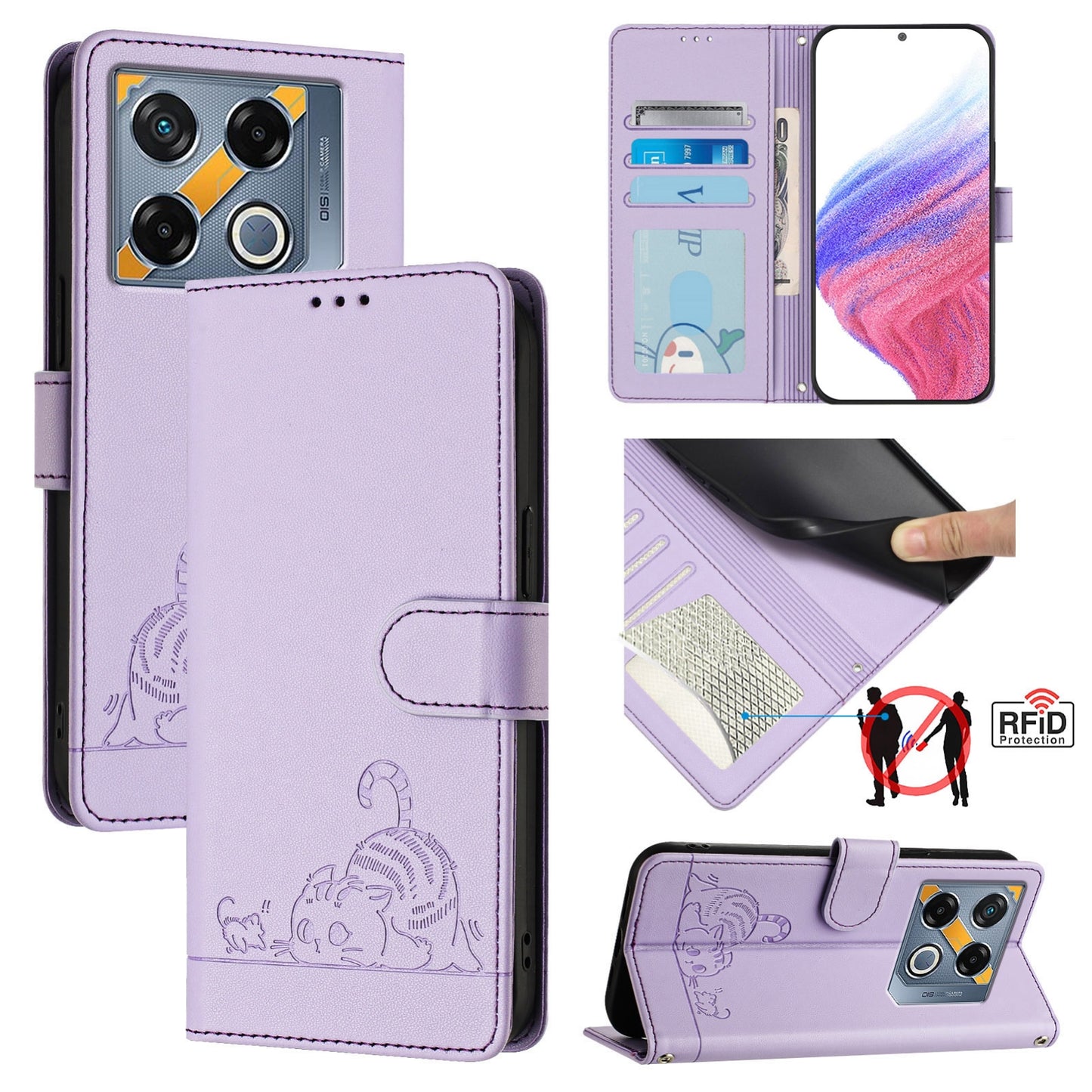 Infinix GT 20 Pro X6871 Cat & Rat Embossed RFID Leather Case, Lanyard, Wallet, Card Slots, Kickstand, Anti-Fall, Scratch-Resistant