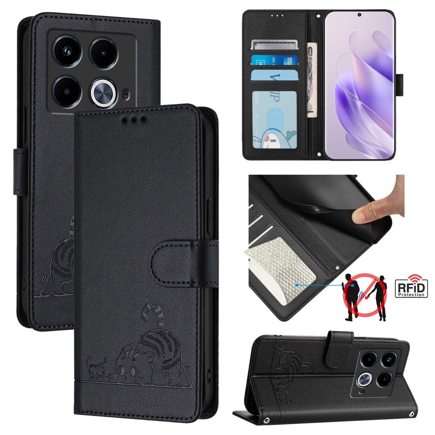 Infinix Note 40 5G Cat & Rat Embossed RFID Leather Case, Lanyard, Wallet, Card Slots, Kickstand, Anti-Fall, Scratch-Resistant