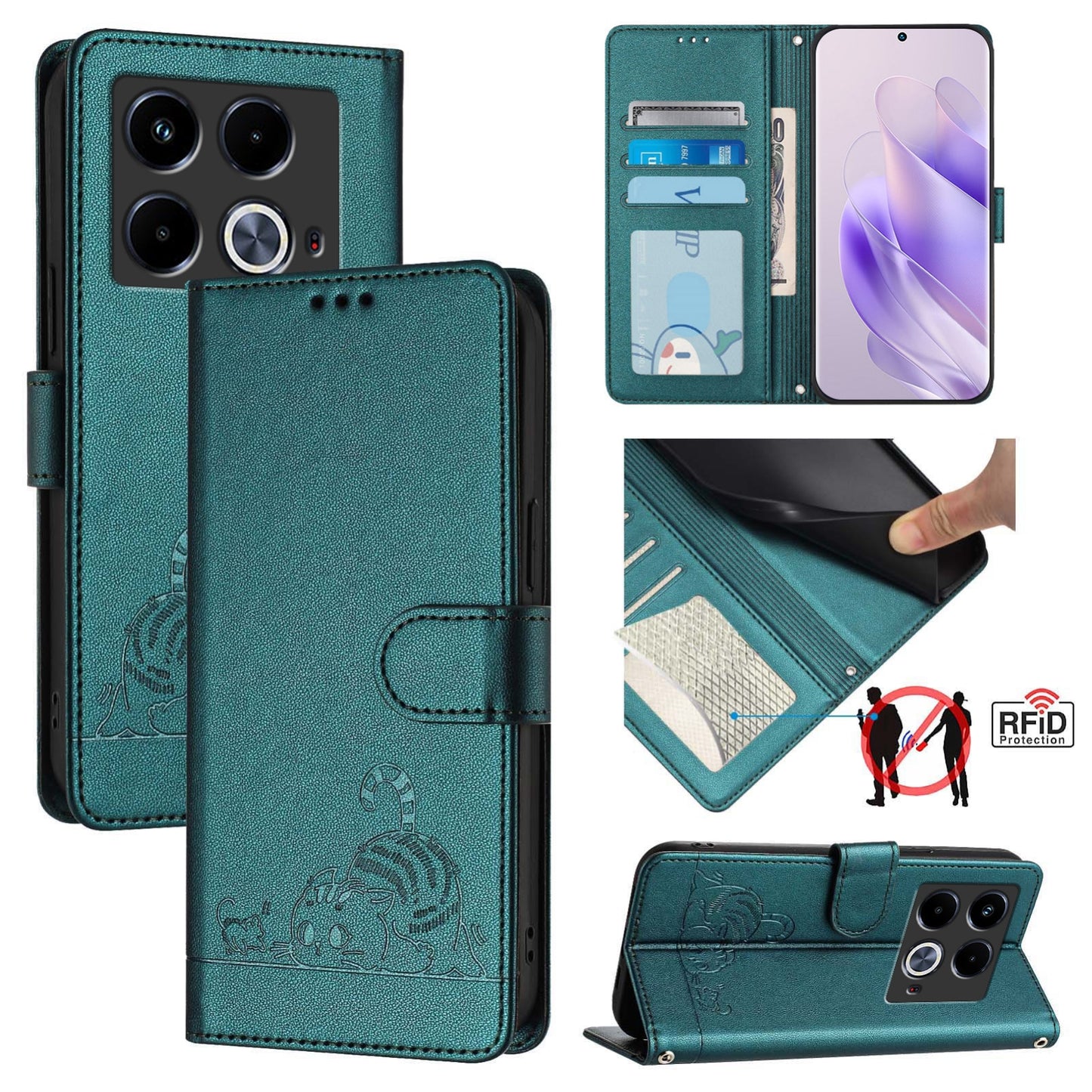 Infinix Note 40 5G Cat & Rat Embossed RFID Leather Case, Lanyard, Wallet, Card Slots, Kickstand, Anti-Fall, Scratch-Resistant