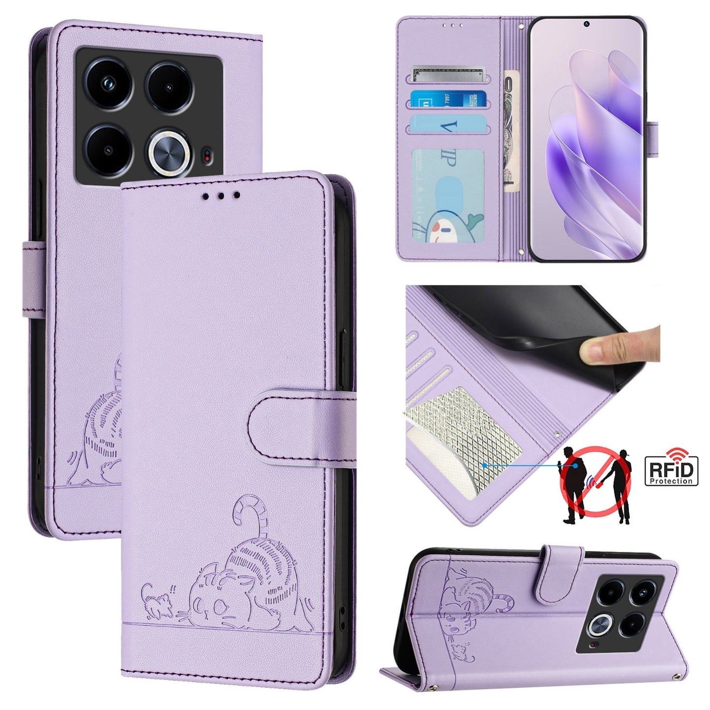 Infinix Note 40 5G Cat & Rat Embossed RFID Leather Case, Lanyard, Wallet, Card Slots, Kickstand, Anti-Fall, Scratch-Resistant