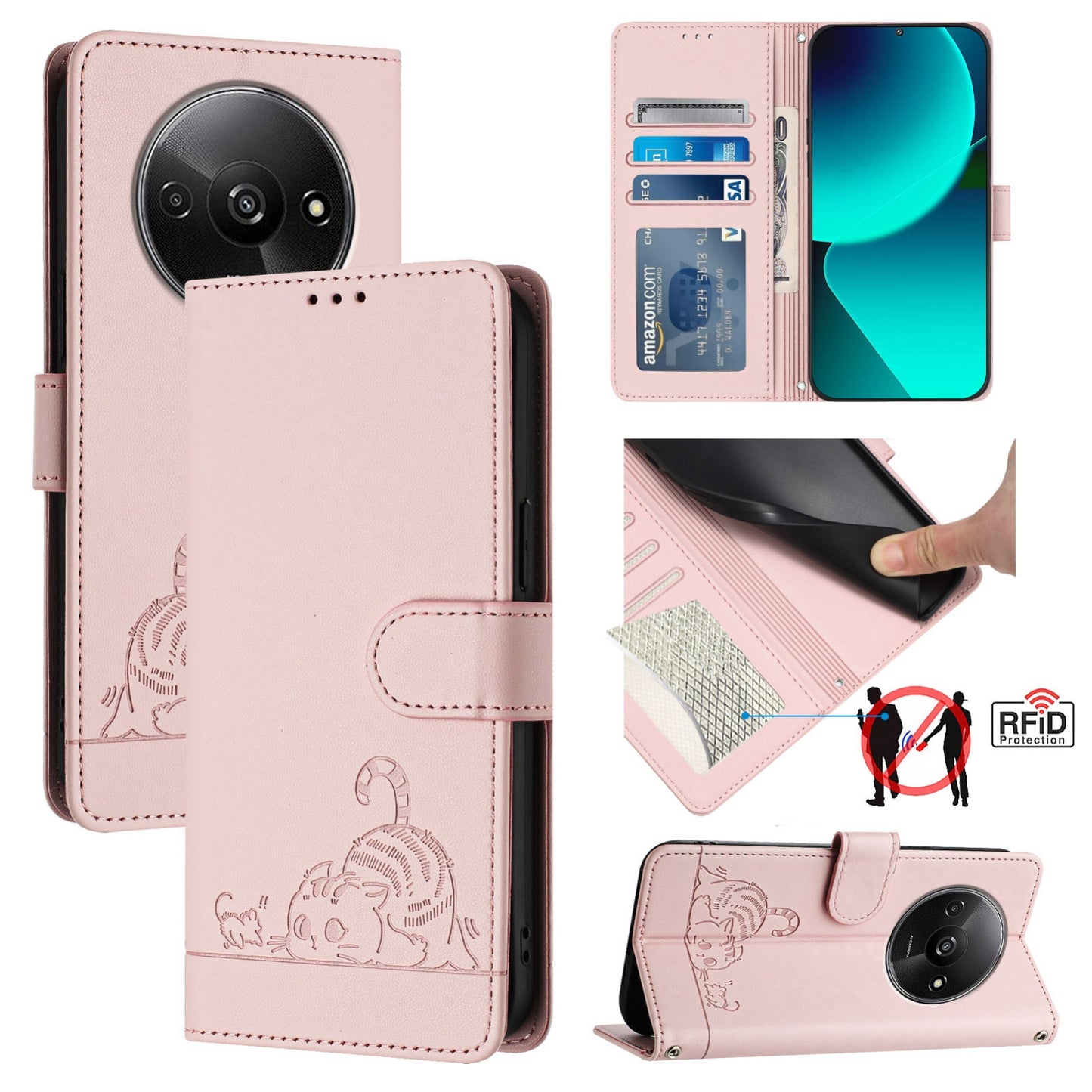 Xiaomi A3 4G Global Cat & Rat Embossed RFID Leather Case, Lanyard, Wallet, Card Slots, Kickstand, Anti-Fall, Scratch-Resistant