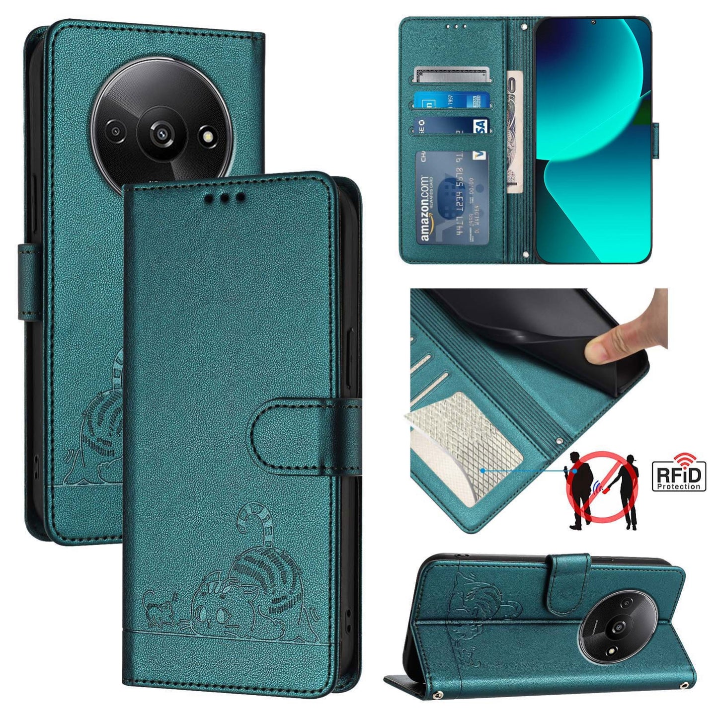 Xiaomi POCO C61 4G Global Cat & Rat Embossed RFID Leather Case, Lanyard, Wallet, Card Slots, Kickstand, Anti-Fall, Scratch-Resistant