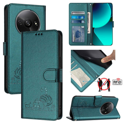 Xiaomi POCO C61 4G Global Cat & Rat Embossed RFID Leather Case, Lanyard, Wallet, Card Slots, Kickstand, Anti-Fall, Scratch-Resistant
