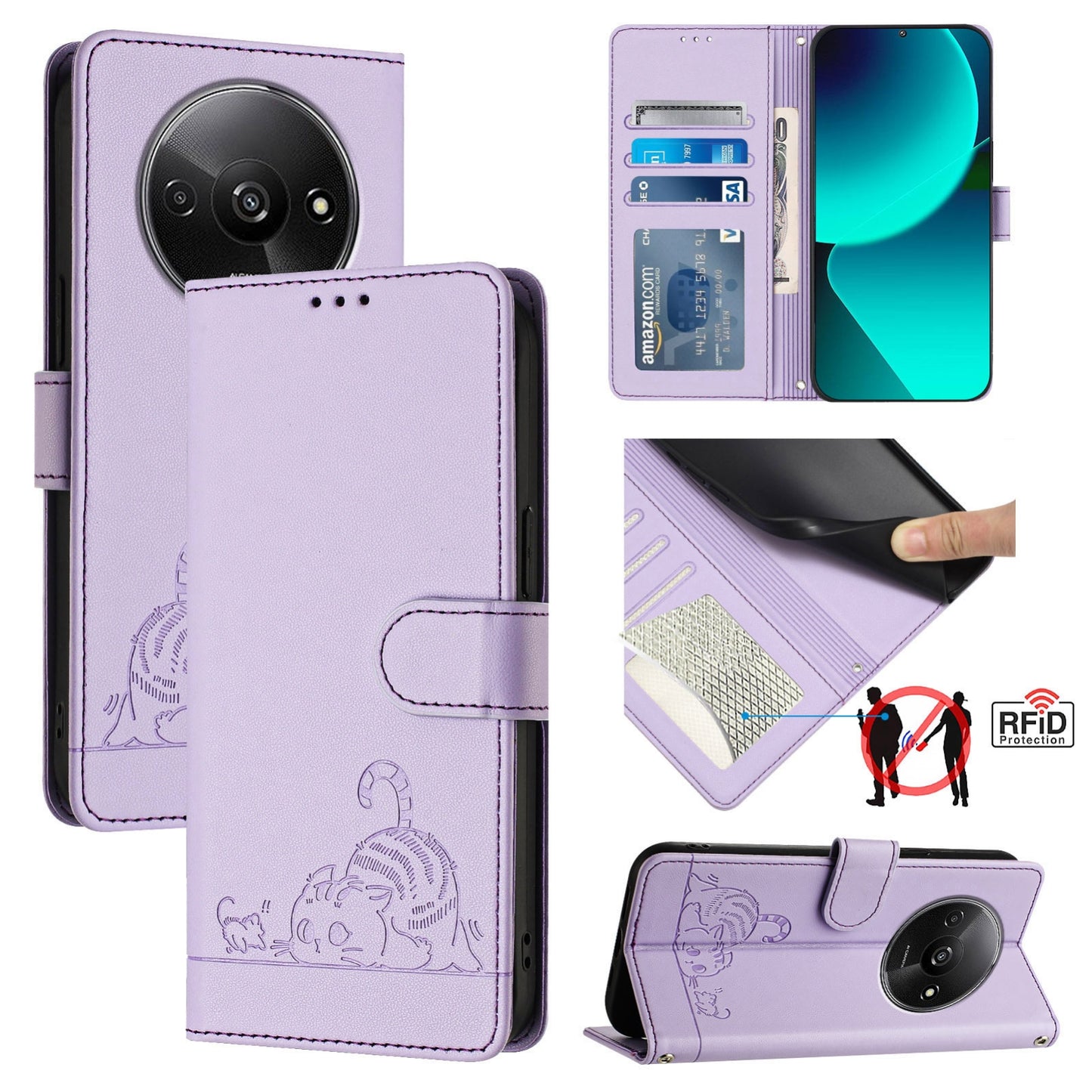 Xiaomi POCO C61 4G Global Cat & Rat Embossed RFID Leather Case, Lanyard, Wallet, Card Slots, Kickstand, Anti-Fall, Scratch-Resistant