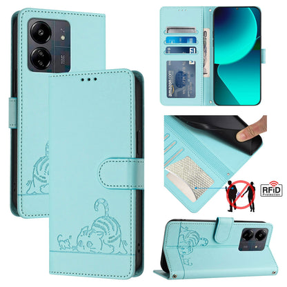 Xiaomi Redmi 13C 4G Global Cat & Rat Embossed RFID Leather Case, Lanyard, Wallet, Card Slots, Kickstand, Anti-Fall, Scratch-Resistant