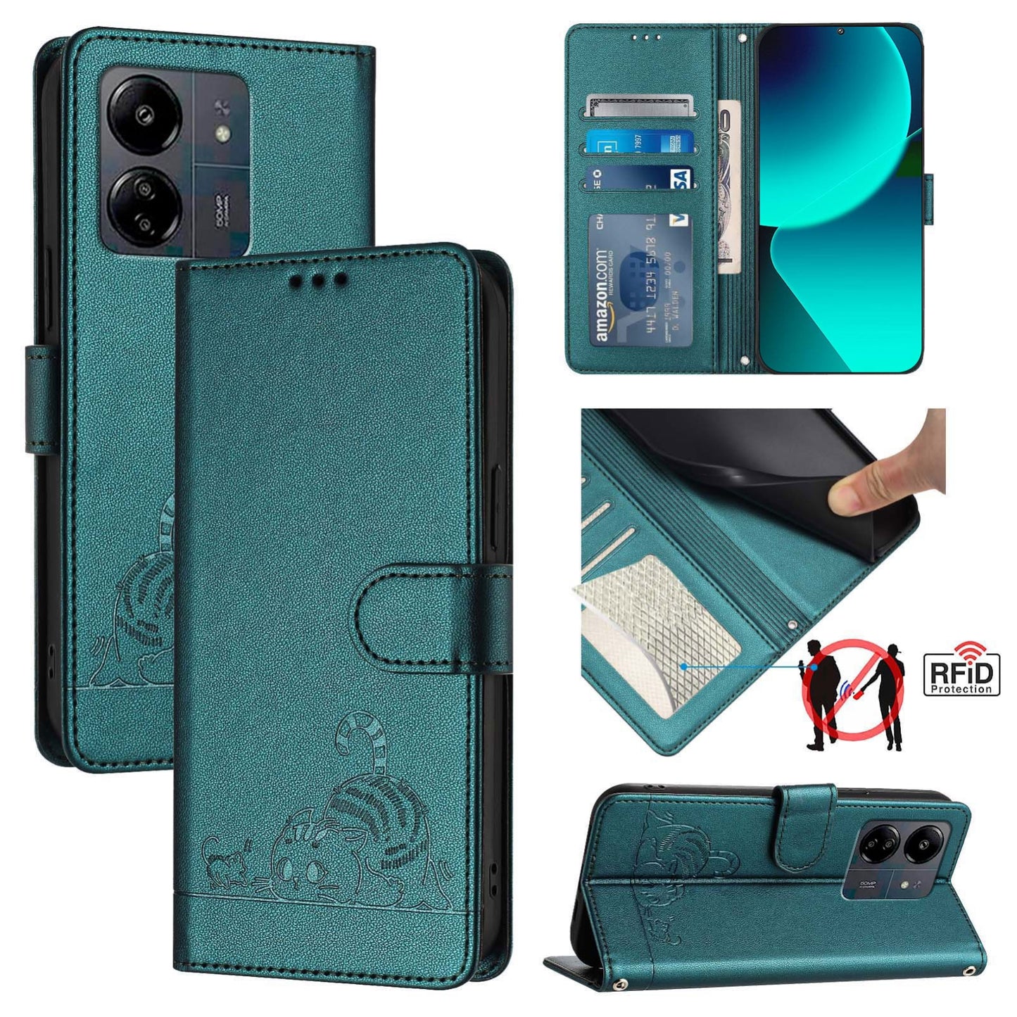 Xiaomi POCO M6 5G Global Cat & Rat Embossed RFID Leather Case, Lanyard, Wallet, Card Slots, Kickstand, Anti-Fall, Scratch-Resistant