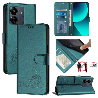 Xiaomi POCO M6 5G Global Cat & Rat Embossed RFID Leather Case, Lanyard, Wallet, Card Slots, Kickstand, Anti-Fall, Scratch-Resistant