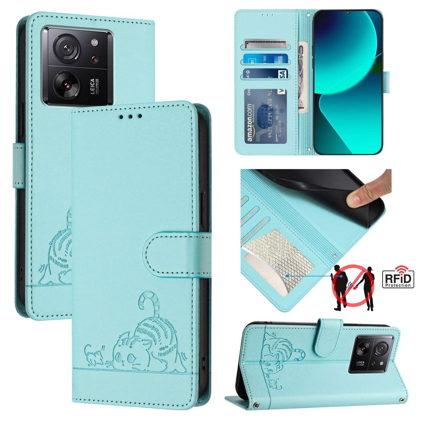 Xiaomi Redmi K60 Ultra Cat & Rat Embossed RFID Leather Case, Lanyard, Wallet, Card Slots, Kickstand, Anti-Fall, Scratch-Resistant