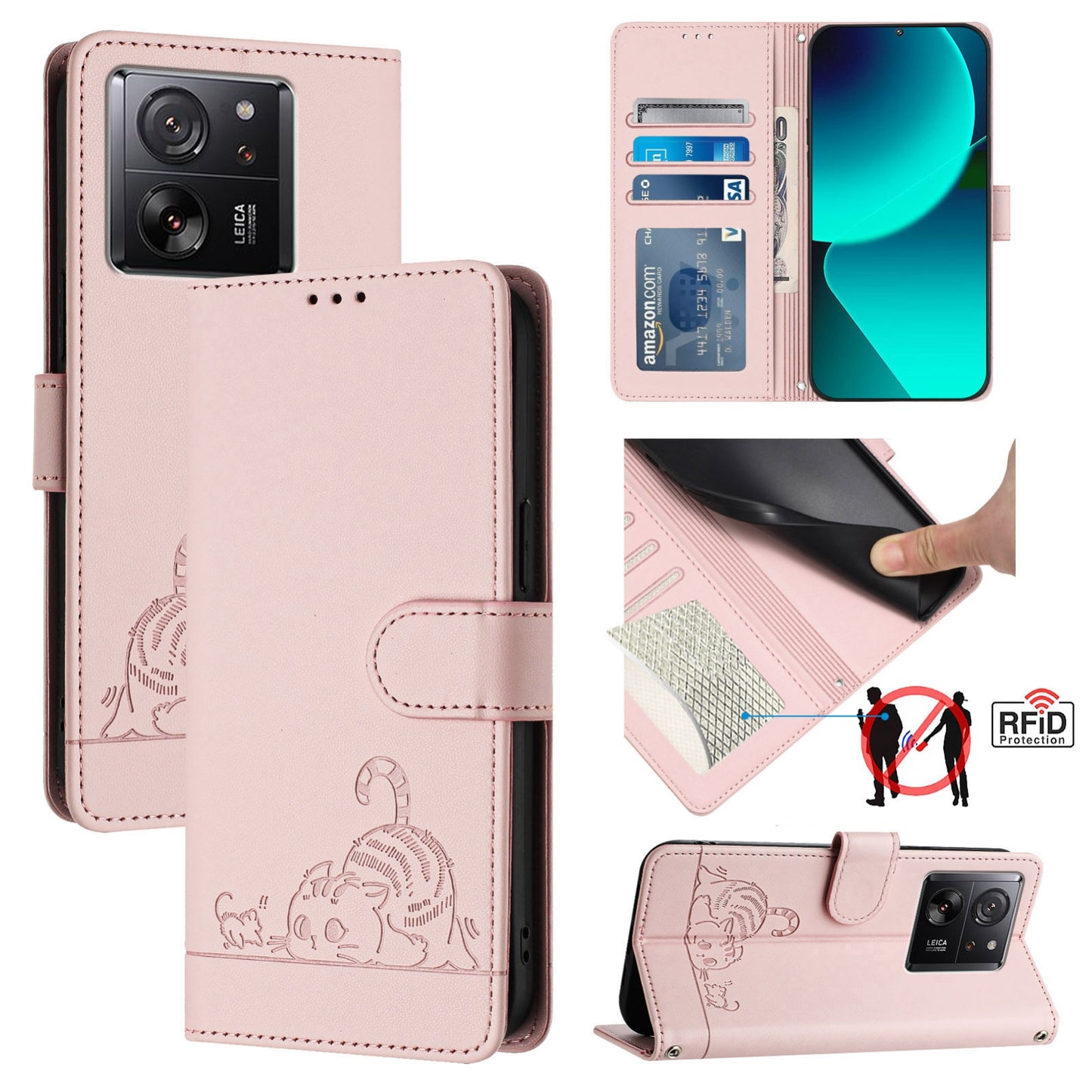 Xiaomi Redmi K60 Ultra Cat & Rat Embossed RFID Leather Case, Lanyard, Wallet, Card Slots, Kickstand, Anti-Fall, Scratch-Resistant