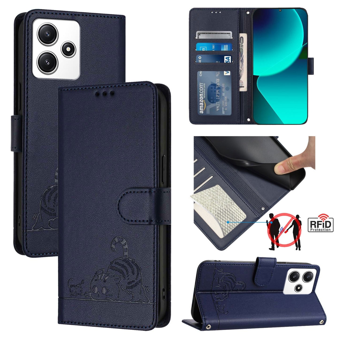 Xiaomi Redmi 12 5G Global Cat & Rat Embossed RFID Leather Case, Lanyard, Wallet, Card Slots, Kickstand, Anti-Fall, Scratch-Resistant