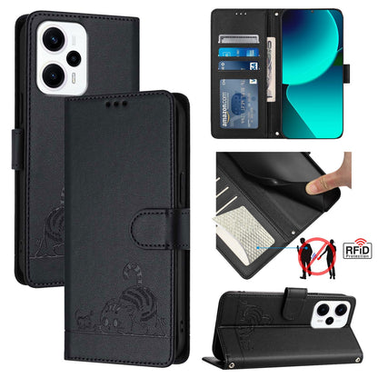 Xiaomi POCO X4 GT 5G Cat & Rat Embossed RFID Leather Case, Lanyard, Wallet, Card Slots, Kickstand, Anti-Fall, Scratch-Resistant