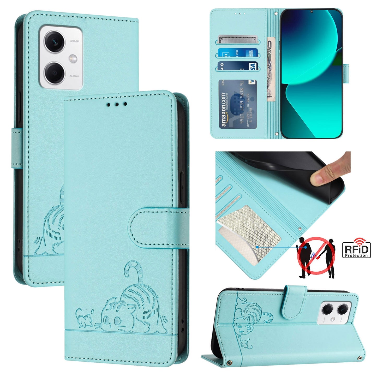 Xiaomi Redmi Note 12 5G Global Cat & Rat Embossed RFID Leather Case, Lanyard, Wallet, Card Slots, Kickstand, Anti-Fall, Scratch-Resistant