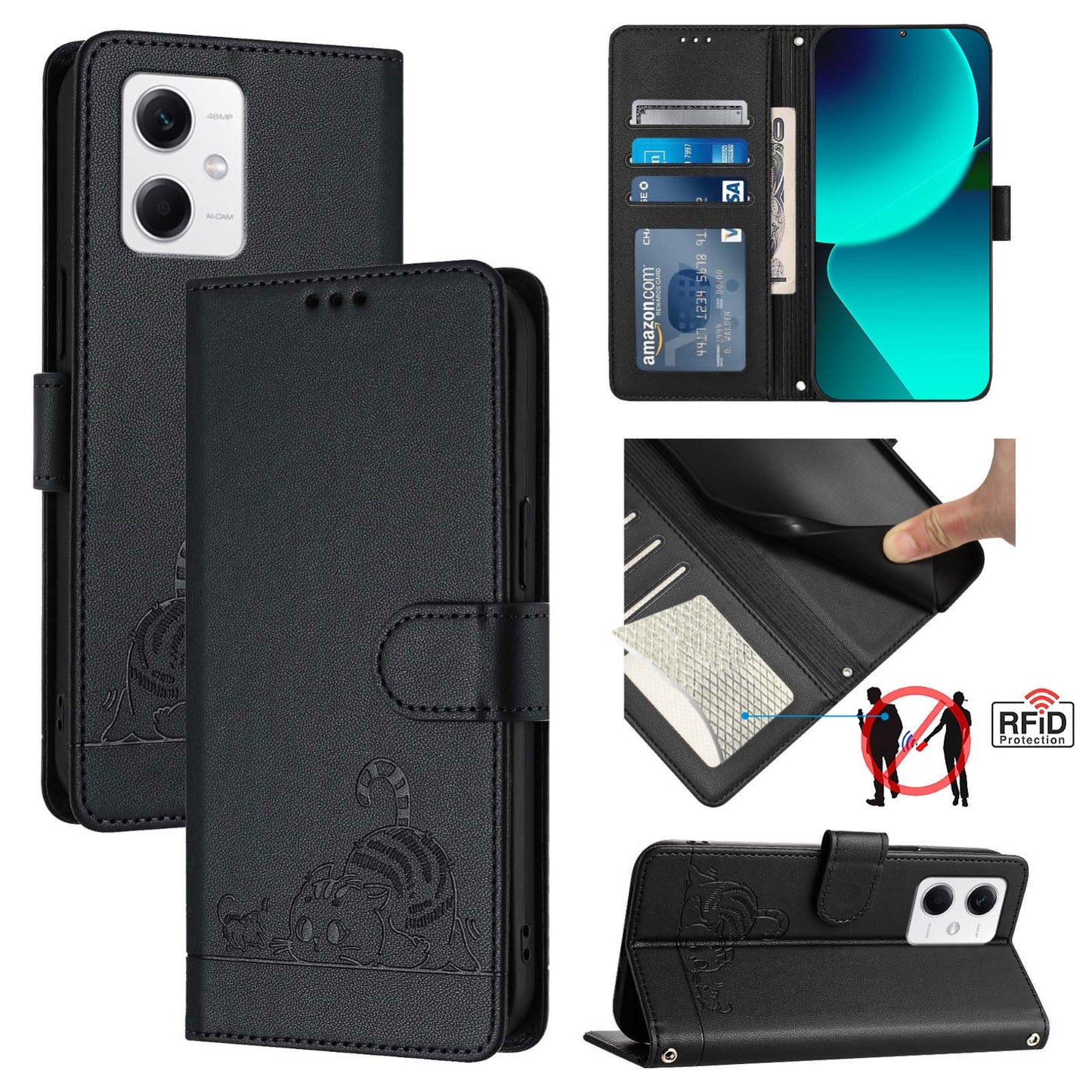 Xiaomi Redmi Note 12 5G Global Cat & Rat Embossed RFID Leather Case, Lanyard, Wallet, Card Slots, Kickstand, Anti-Fall, Scratch-Resistant