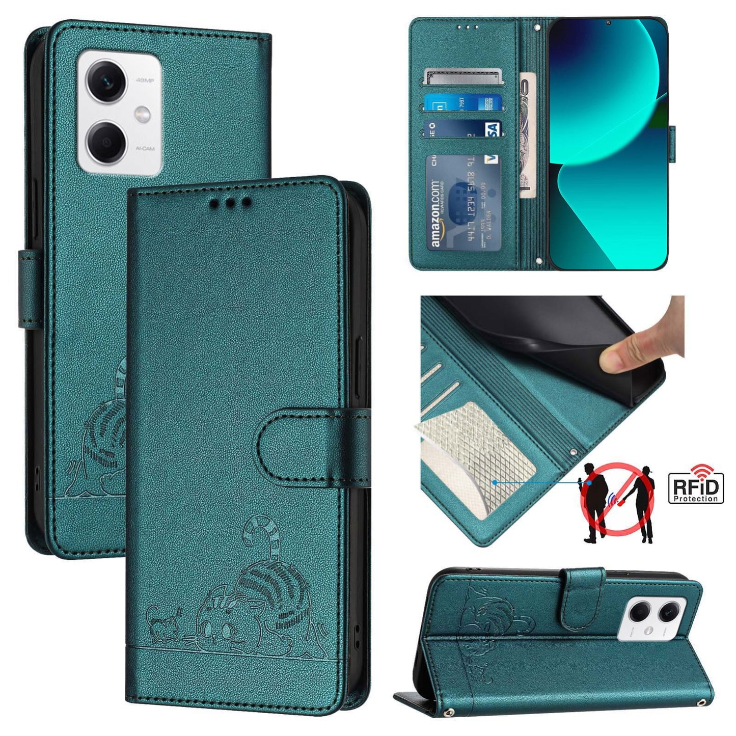 Xiaomi POCO X5 Cat & Rat Embossed RFID Leather Case, Lanyard, Wallet, Card Slots, Kickstand, Anti-Fall, Scratch-Resistant