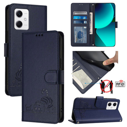 Xiaomi POCO X5 Cat & Rat Embossed RFID Leather Case, Lanyard, Wallet, Card Slots, Kickstand, Anti-Fall, Scratch-Resistant