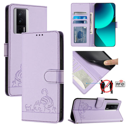 Xiaomi POCO F5 Pro Cat & Rat Embossed RFID Leather Case, Lanyard, Wallet, Card Slots, Kickstand, Anti-Fall, Scratch-Resistant