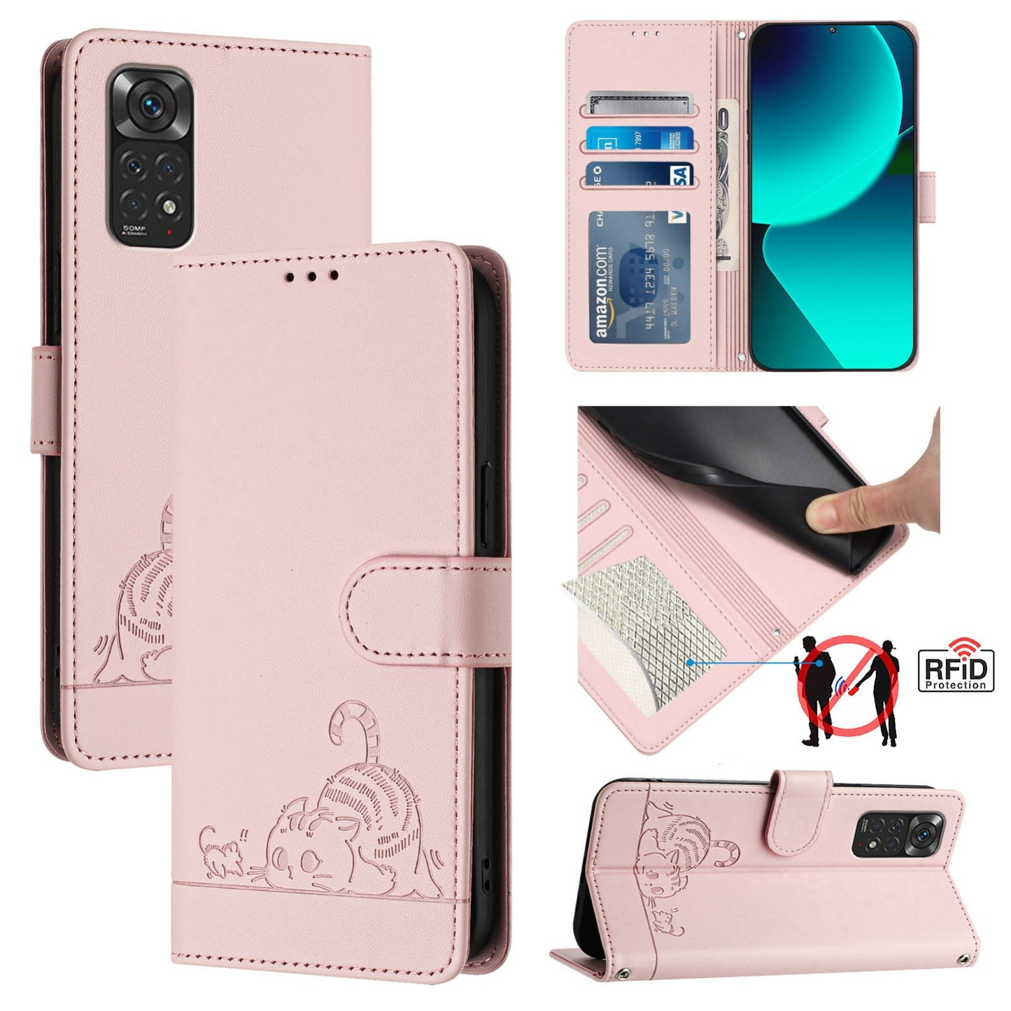 Xiaomi Redmi Note 11 4G Global Cat & Rat Embossed RFID Leather Case, Lanyard, Wallet, Card Slots, Kickstand, Anti-Fall, Scratch-Resistant
