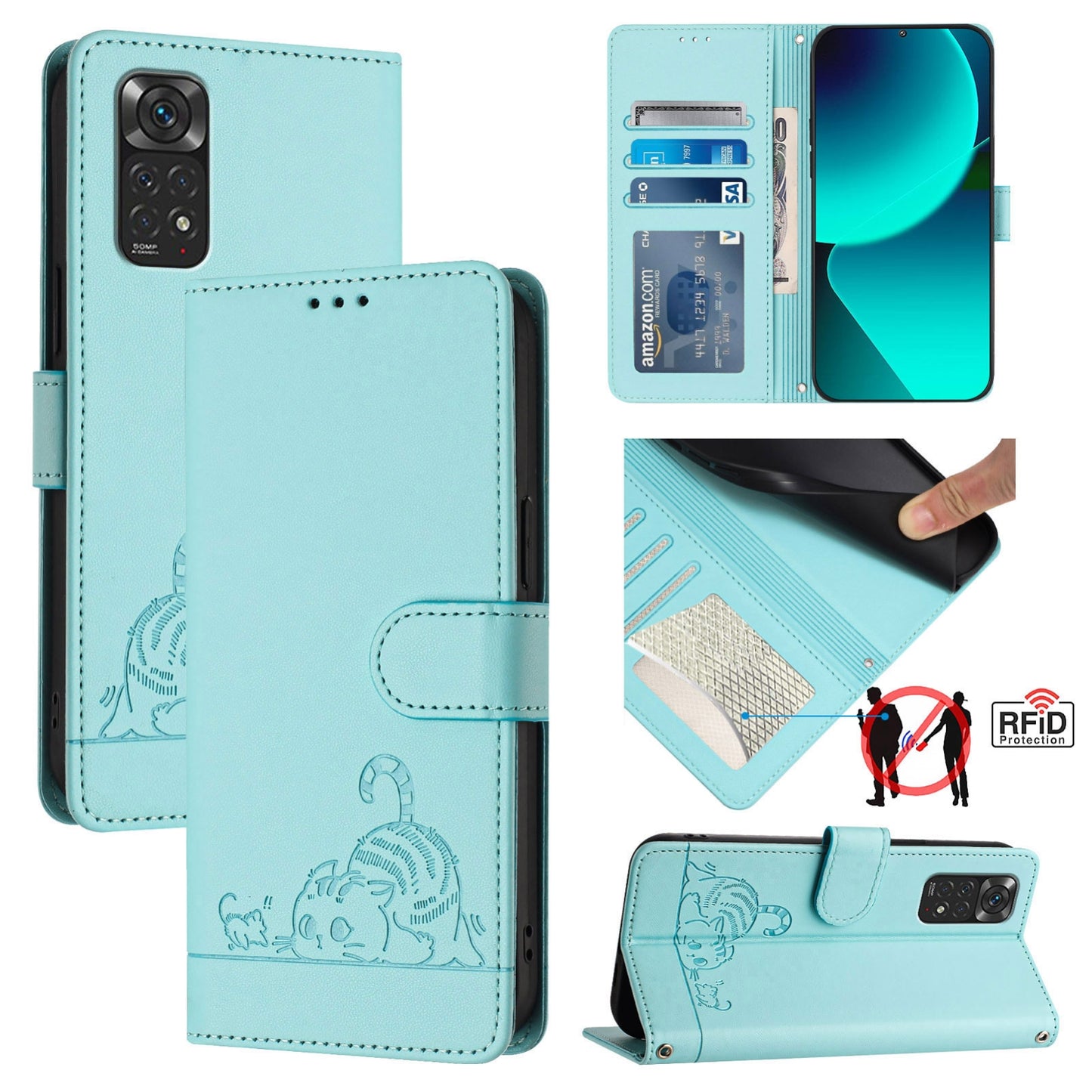 Xiaomi Redmi Note 11S 4G Global Cat & Rat Embossed RFID Leather Case, Lanyard, Wallet, Card Slots, Kickstand, Anti-Fall, Scratch-Resistant