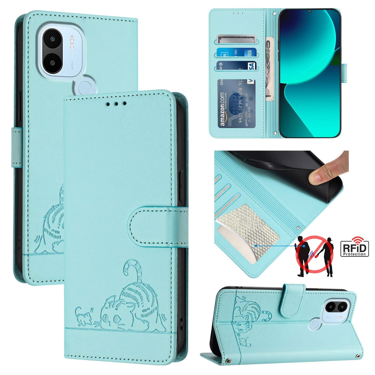 Xiaomi Redmi A1+ 4G Cat & Rat Embossed RFID Leather Case, Lanyard, Wallet, Card Slots, Kickstand, Anti-Fall, Scratch-Resistant
