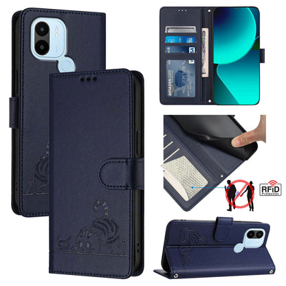 Xiaomi Redmi A1+ 4G Cat & Rat Embossed RFID Leather Case, Lanyard, Wallet, Card Slots, Kickstand, Anti-Fall, Scratch-Resistant