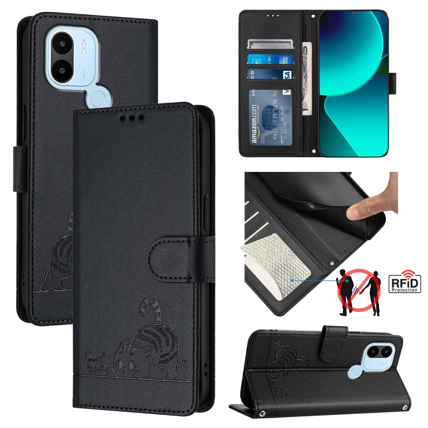 Xiaomi POCO C50 4G Cat & Rat Embossed RFID Leather Case, Lanyard, Wallet, Card Slots, Kickstand, Anti-Fall, Scratch-Resistant