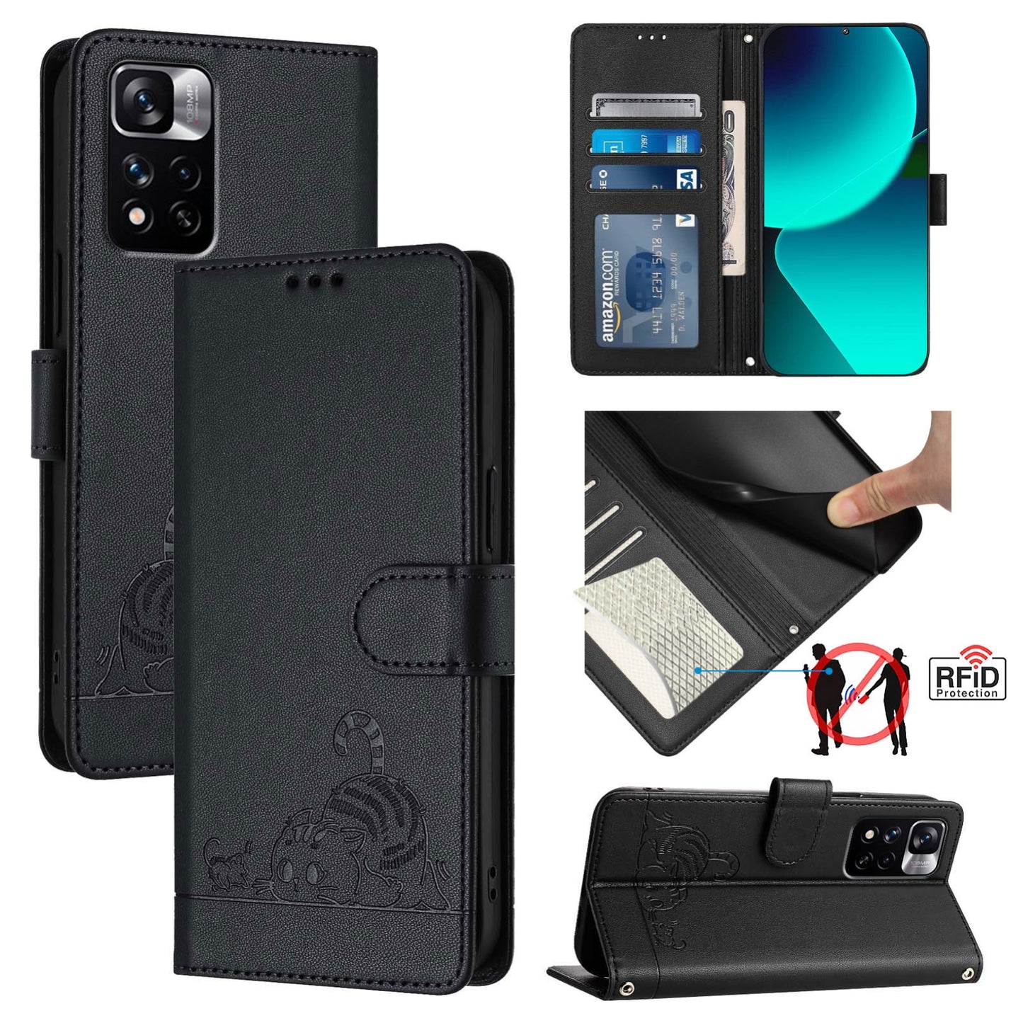 Xiaomi Redmi Note 12 Pro 4G Global Cat & Rat Embossed RFID Leather Case, Lanyard, Wallet, Card Slots, Kickstand, Anti-Fall, Scratch-Resistant
