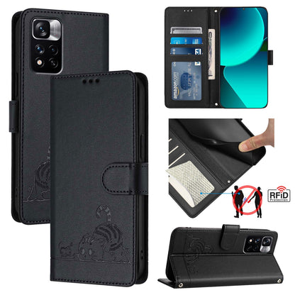 Xiaomi Redmi Note 12 Pro 4G Global Cat & Rat Embossed RFID Leather Case, Lanyard, Wallet, Card Slots, Kickstand, Anti-Fall, Scratch-Resistant