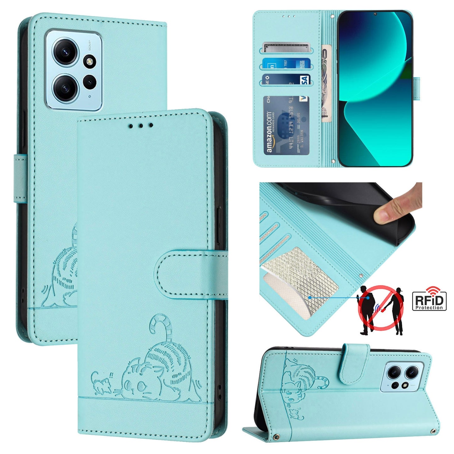 Xiaomi Redmi Note 12 4G Global Cat & Rat Embossed RFID Leather Case, Lanyard, Wallet, Card Slots, Kickstand, Anti-Fall, Scratch-Resistant