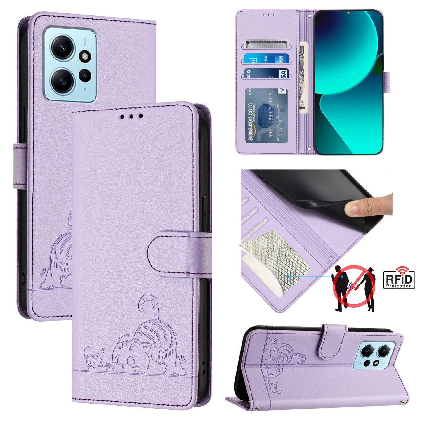 Xiaomi Redmi Note 12 4G Global Cat & Rat Embossed RFID Leather Case, Lanyard, Wallet, Card Slots, Kickstand, Anti-Fall, Scratch-Resistant