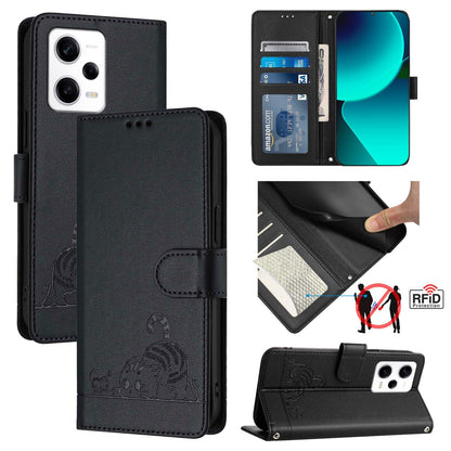 Xiaomi Redmi Note 12 Pro+ 5G Global Cat & Rat Embossed RFID Leather Case, Lanyard, Wallet, Card Slots, Kickstand, Anti-Fall, Scratch-Resistant