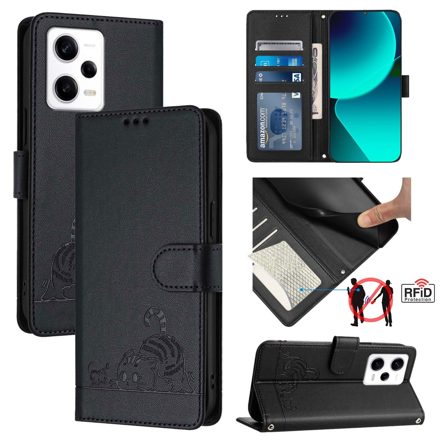 Xiaomi Redmi Note 12 Pro 5G Global Cat & Rat Embossed RFID Leather Case, Lanyard, Wallet, Card Slots, Kickstand, Anti-Fall, Scratch-Resistant