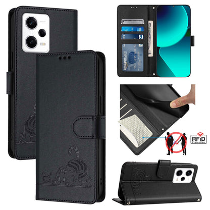 Xiaomi Redmi Note 12 Pro 5G Global Cat & Rat Embossed RFID Leather Case, Lanyard, Wallet, Card Slots, Kickstand, Anti-Fall, Scratch-Resistant