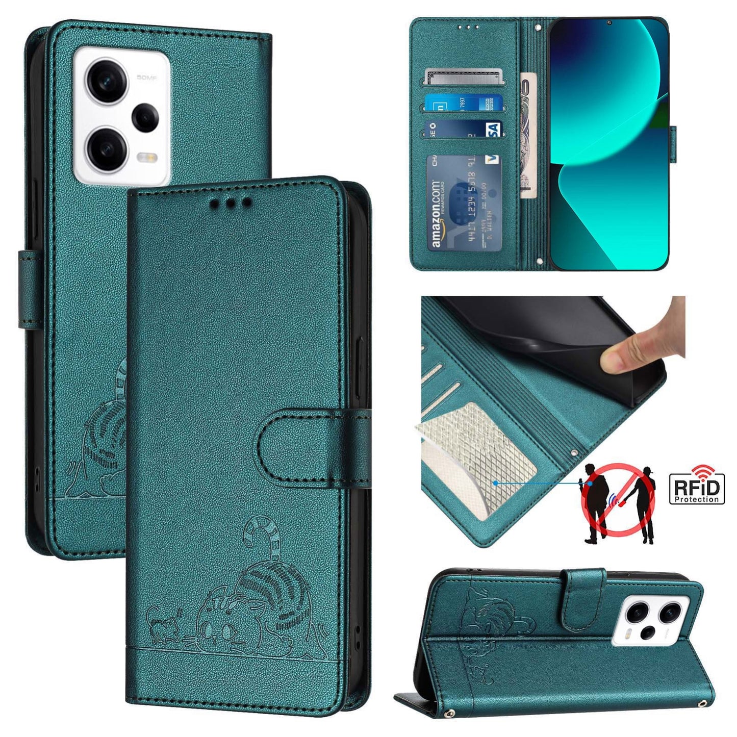 Xiaomi Redmi Note 12 Pro 5G Global Cat & Rat Embossed RFID Leather Case, Lanyard, Wallet, Card Slots, Kickstand, Anti-Fall, Scratch-Resistant