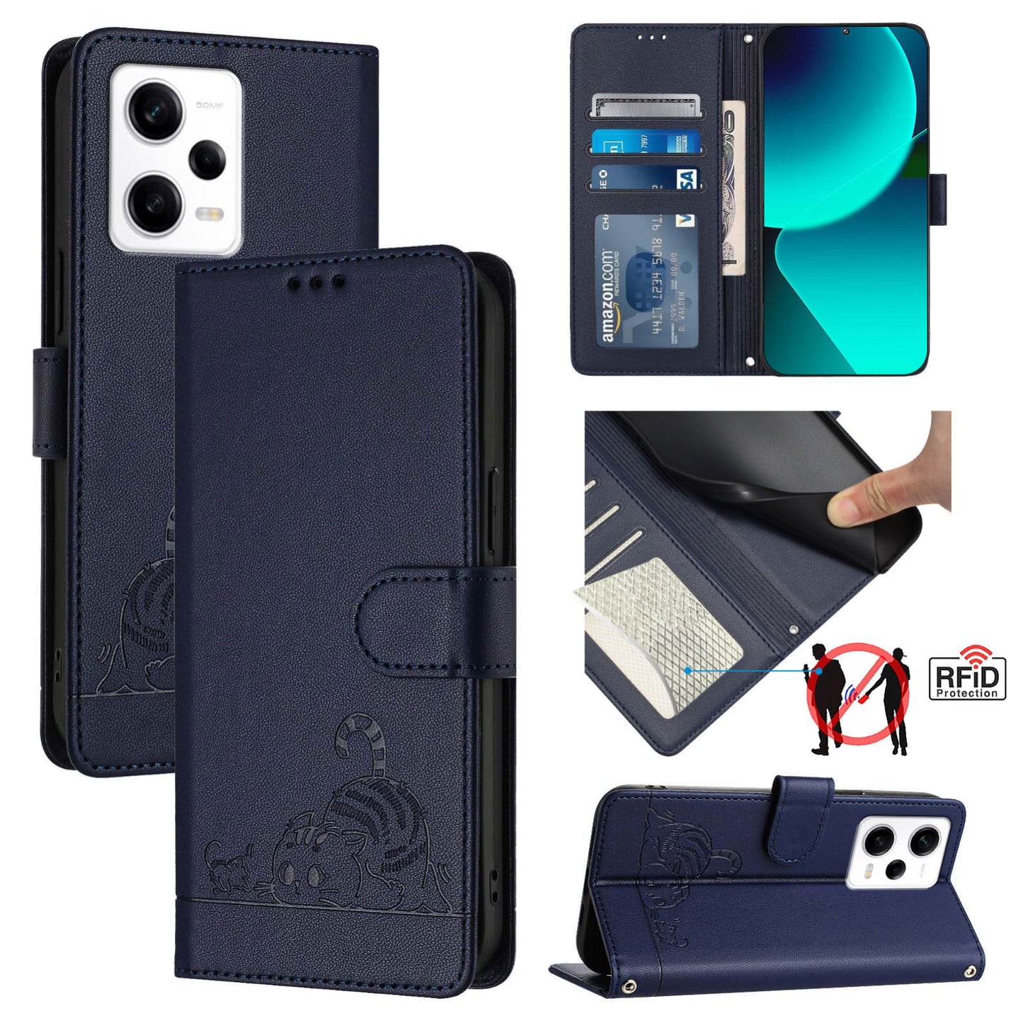 Xiaomi Redmi Note 12 Pro 5G Global Cat & Rat Embossed RFID Leather Case, Lanyard, Wallet, Card Slots, Kickstand, Anti-Fall, Scratch-Resistant