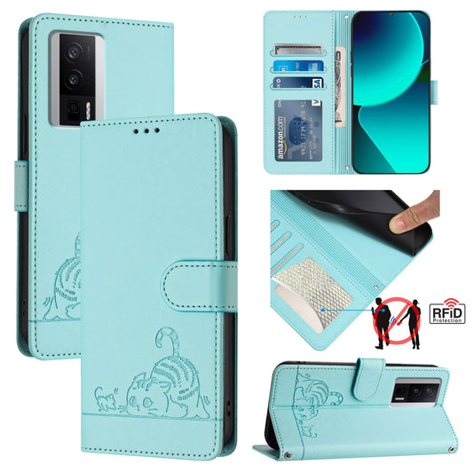 Xiaomi Redmi K60 Cat & Rat Embossed RFID Leather Case, Lanyard, Wallet, Card Slots, Kickstand, Anti-Fall, Scratch-Resistant