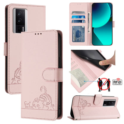 Xiaomi Redmi K60 Cat & Rat Embossed RFID Leather Case, Lanyard, Wallet, Card Slots, Kickstand, Anti-Fall, Scratch-Resistant