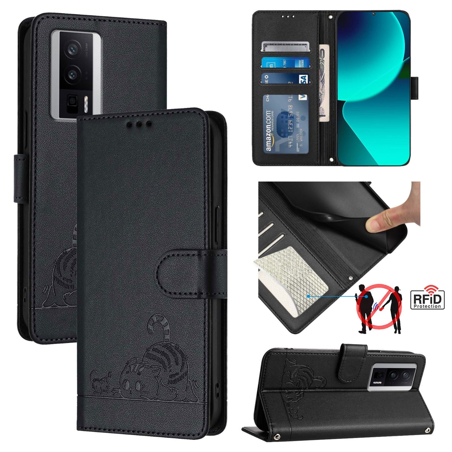 Xiaomi Redmi K60 Cat & Rat Embossed RFID Leather Case, Lanyard, Wallet, Card Slots, Kickstand, Anti-Fall, Scratch-Resistant
