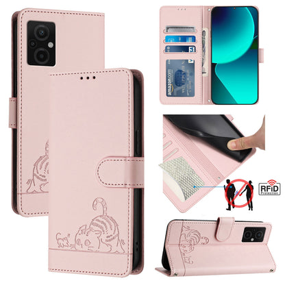Xiaomi Redmi 10 5G Cat & Rat Embossed RFID Leather Case, Lanyard, Wallet, Card Slots, Kickstand, Anti-Fall, Scratch-Resistant