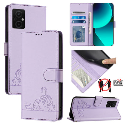 Xiaomi Redmi 10 5G Cat & Rat Embossed RFID Leather Case, Lanyard, Wallet, Card Slots, Kickstand, Anti-Fall, Scratch-Resistant