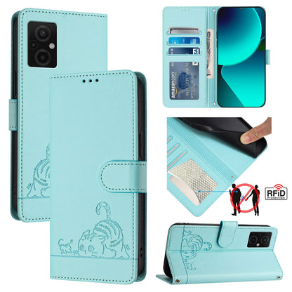 Xiaomi POCO M4 5G Cat & Rat Embossed RFID Leather Case, Lanyard, Wallet, Card Slots, Kickstand, Anti-Fall, Scratch-Resistant