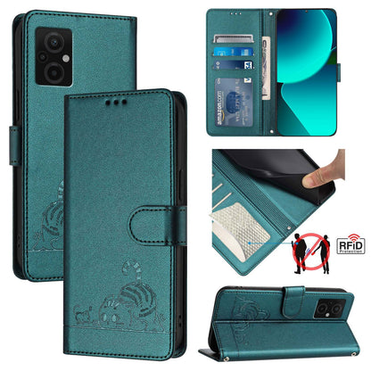 Xiaomi POCO M5 4G Cat & Rat Embossed RFID Leather Case, Lanyard, Wallet, Card Slots, Kickstand, Anti-Fall, Scratch-Resistant