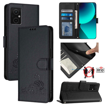 Xiaomi Redmi 11 Prime 5G Cat & Rat Embossed RFID Leather Case, Lanyard, Wallet, Card Slots, Kickstand, Anti-Fall, Scratch-Resistant